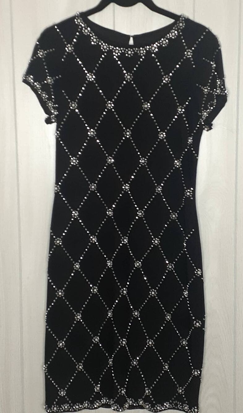 Betsy & Adam Black with Rhinestone Short Sleeve Dress Size 6 Knee Length